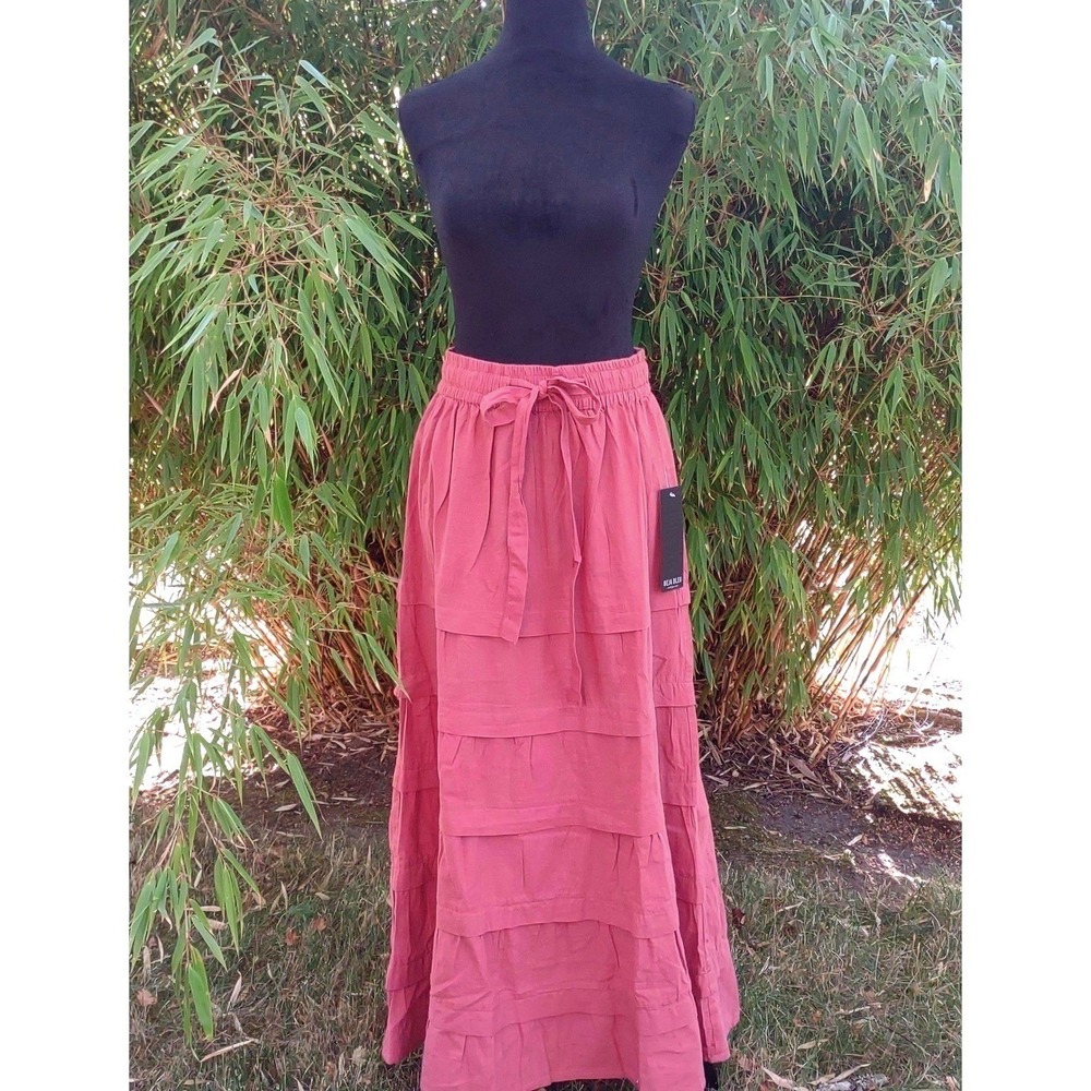 Cotton Maxi Skirt (L) - Rustic Rose Boho Tiered Stretch Waist Bow Tie Linen Feel
